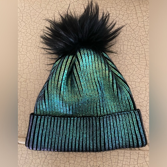 🦊 ADRIENNE LANDAU MeTaLliC  IrIdEsCeNt BlUe ReAl FuR F0X P0m-P0m BeAnIe - Picture 2 of 8